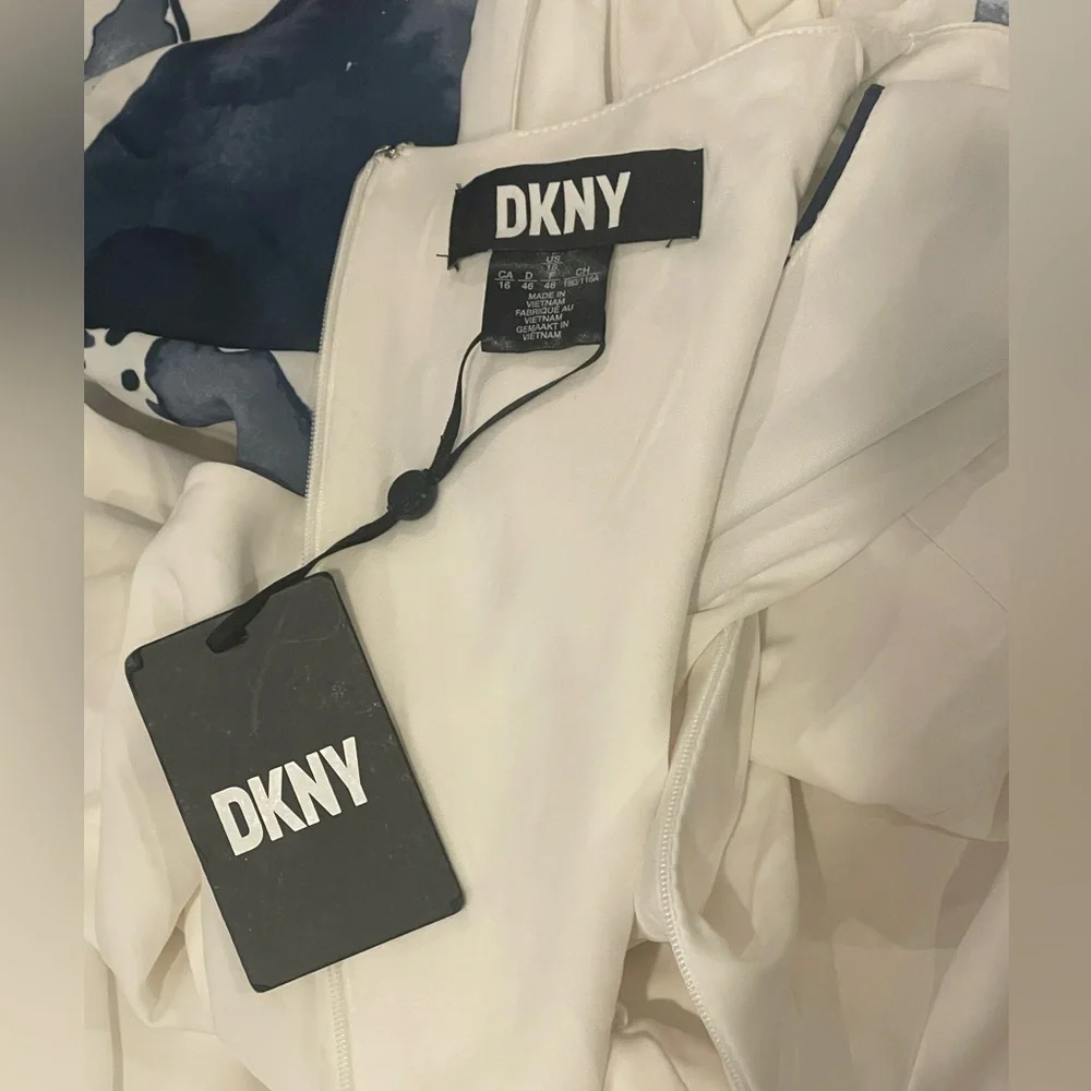 DKNY White & Blue Floral V-Neck Drapey Crepe Dress 16 - Picture 7 of 9